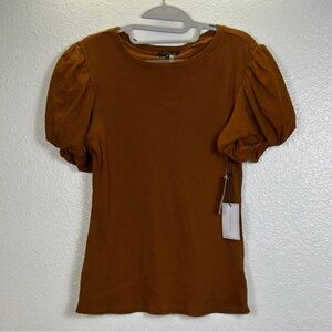 1.STATE Women's Brown Puff Sleeve Cotton Knit Crew Neck Top Size L